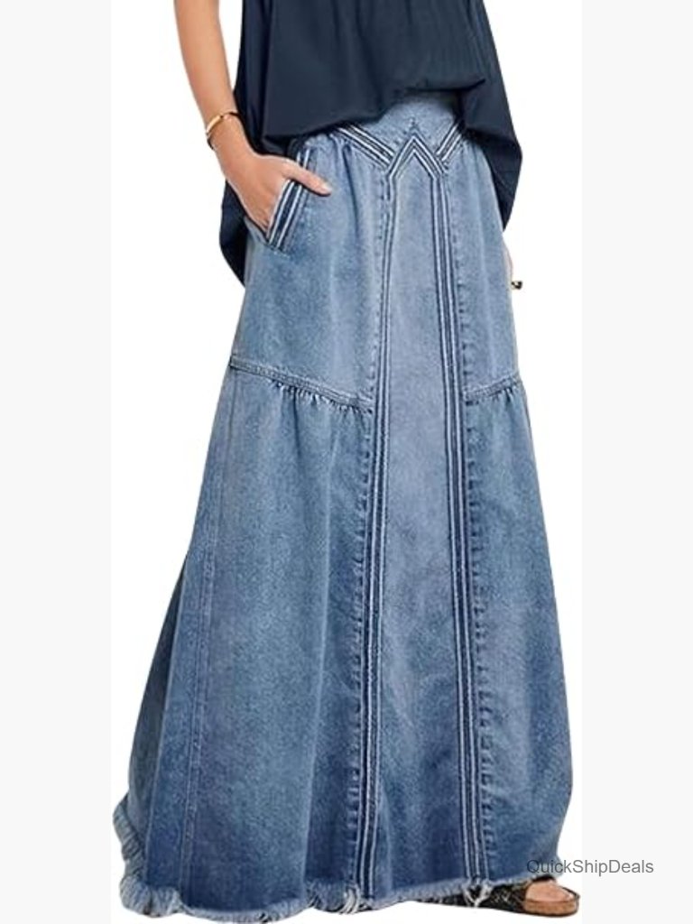 Distressed Frayed Hem A-Line Maxi Skirt Elastic High Waist Denim Skirt